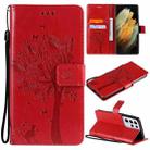 For Samsung Galaxy S21 Ultra 5G Tree & Cat Pattern Pressed Printing Horizontal Flip PU Leather Case with Holder & Card Slots & Wallet & Lanyard(Red) - 1