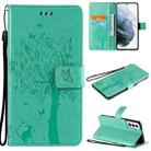 For Samsung Galaxy S21 5G Tree & Cat Pattern Pressed Printing Horizontal Flip PU Leather Case with Holder & Card Slots & Wallet & Lanyard(Green) - 1