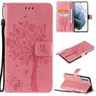 For Samsung Galaxy S21 5G Tree & Cat Pattern Pressed Printing Horizontal Flip PU Leather Case with Holder & Card Slots & Wallet & Lanyard(Pink) - 1