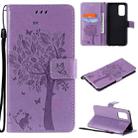 For OPPO Reno5 5G Tree & Cat Pattern Pressed Printing Horizontal Flip PU Leather Case with Holder & Card Slots & Wallet & Lanyard(Light Purple) - 1