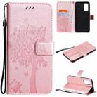 For OPPO Reno5 5G Tree & Cat Pattern Pressed Printing Horizontal Flip PU Leather Case with Holder & Card Slots & Wallet & Lanyard(Rose Gold) - 1
