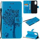 For OPPO Reno5 5G Tree & Cat Pattern Pressed Printing Horizontal Flip PU Leather Case with Holder & Card Slots & Wallet & Lanyard(Blue) - 1