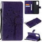 For OPPO Reno5 5G Tree & Cat Pattern Pressed Printing Horizontal Flip PU Leather Case with Holder & Card Slots & Wallet & Lanyard(Purple) - 1