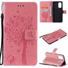 For OPPO Reno5 5G Tree & Cat Pattern Pressed Printing Horizontal Flip PU Leather Case with Holder & Card Slots & Wallet & Lanyard(Pink) - 1
