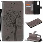 For OPPO Reno5 5G Tree & Cat Pattern Pressed Printing Horizontal Flip PU Leather Case with Holder & Card Slots & Wallet & Lanyard(Gray) - 1