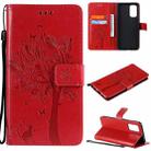 For OPPO Reno5 5G Tree & Cat Pattern Pressed Printing Horizontal Flip PU Leather Case with Holder & Card Slots & Wallet & Lanyard(Red) - 1