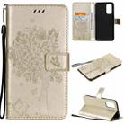 For OPPO Reno5 5G Tree & Cat Pattern Pressed Printing Horizontal Flip PU Leather Case with Holder & Card Slots & Wallet & Lanyard(Gold) - 1