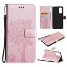 For OPPO Reno5 Pro 5G Tree & Cat Pattern Pressed Printing Horizontal Flip PU Leather Case with Holder & Card Slots & Wallet & Lanyard(Rose Gold) - 1
