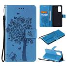 For OPPO Reno5 Pro 5G Tree & Cat Pattern Pressed Printing Horizontal Flip PU Leather Case with Holder & Card Slots & Wallet & Lanyard(Blue) - 1