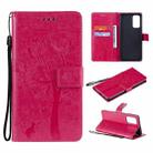 For OPPO Reno5 Pro 5G Tree & Cat Pattern Pressed Printing Horizontal Flip PU Leather Case with Holder & Card Slots & Wallet & Lanyard(Rose Red) - 1