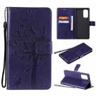 For OPPO Reno5 Pro 5G Tree & Cat Pattern Pressed Printing Horizontal Flip PU Leather Case with Holder & Card Slots & Wallet & Lanyard(Purple) - 1