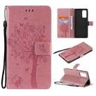 For OPPO Reno5 Pro 5G Tree & Cat Pattern Pressed Printing Horizontal Flip PU Leather Case with Holder & Card Slots & Wallet & Lanyard(Pink) - 1