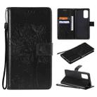 For OPPO Reno5 Pro 5G Tree & Cat Pattern Pressed Printing Horizontal Flip PU Leather Case with Holder & Card Slots & Wallet & Lanyard(Black) - 1