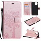 For OPPO A73 5G Tree & Cat Pattern Pressed Printing Horizontal Flip PU Leather Case with Holder & Card Slots & Wallet & Lanyard(Rose Gold) - 1