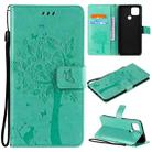 For OPPO A15 Tree & Cat Pattern Pressed Printing Horizontal Flip PU Leather Case with Holder & Card Slots & Wallet & Lanyard(Green) - 1