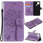 For OPPO A15 Tree & Cat Pattern Pressed Printing Horizontal Flip PU Leather Case with Holder & Card Slots & Wallet & Lanyard(Light Purple) - 1