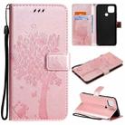For OPPO A15 Tree & Cat Pattern Pressed Printing Horizontal Flip PU Leather Case with Holder & Card Slots & Wallet & Lanyard(Rose Gold) - 1