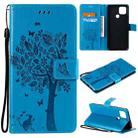 For OPPO A15 Tree & Cat Pattern Pressed Printing Horizontal Flip PU Leather Case with Holder & Card Slots & Wallet & Lanyard(Blue) - 1