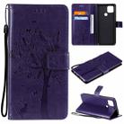 For OPPO A15 Tree & Cat Pattern Pressed Printing Horizontal Flip PU Leather Case with Holder & Card Slots & Wallet & Lanyard(Purple) - 1