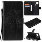 For OPPO A15 Tree & Cat Pattern Pressed Printing Horizontal Flip PU Leather Case with Holder & Card Slots & Wallet & Lanyard(Black) - 1