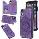 For iPhone XR Flower Embossing Pattern Shockproof Protective Case with Holder & Card Slots & Photo Frame(Purple) - 1