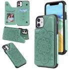 For iPhone 11 Flower Embossing Pattern Shockproof Protective Case with Holder & Card Slots & Photo Frame (Green) - 1