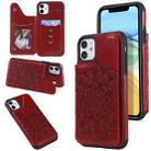 For iPhone 11 Flower Embossing Pattern Shockproof Protective Case with Holder & Card Slots & Photo Frame (Red) - 1