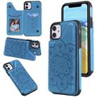 For iPhone 11 Flower Embossing Pattern Shockproof Protective Case with Holder & Card Slots & Photo Frame (Blue) - 1