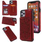 For iPhone 11 Pro Max Flower Embossing Pattern Shockproof Protective Case with Holder & Card Slots & Photo Frame(Red) - 1