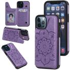 For iPhone 12 / 12 Pro Flower Embossing Pattern Shockproof Protective Case with Holder & Card Slots & Photo Frame(Purple) - 1