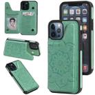 For iPhone 12 / 12 Pro Flower Embossing Pattern Shockproof Protective Case with Holder & Card Slots & Photo Frame(Green) - 1