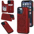 For iPhone 12 / 12 Pro Flower Embossing Pattern Shockproof Protective Case with Holder & Card Slots & Photo Frame(Red) - 1