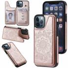 For iPhone 12 / 12 Pro Flower Embossing Pattern Shockproof Protective Case with Holder & Card Slots & Photo Frame(Rose Gold) - 1