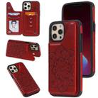 For iPhone 12 Pro Max Flower Embossing Pattern Shockproof Protective Case with Holder & Card Slots & Photo Frame(Red) - 1