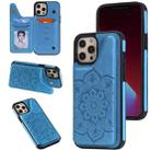 For iPhone 12 Pro Max Flower Embossing Pattern Shockproof Protective Case with Holder & Card Slots & Photo Frame(Blue) - 1