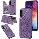 For Samsung Galaxy A50 Flower Embossing Pattern Shockproof Protective Case with Holder & Card Slots & Photo Frame(Purple) - 1