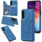 For Samsung Galaxy A50 Flower Embossing Pattern Shockproof Protective Case with Holder & Card Slots & Photo Frame(Blue) - 1