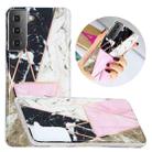 For Samsung Galaxy S21 5G Flat Plating Splicing Gilding Protective Case(Grey Pink White Marble Color Matching) - 1