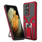 For Samsung Galaxy S21 Ultra 5G Armor 2 in 1 PC + TPU Magnetic Shockproof Case with Foldable Holder(Red) - 1