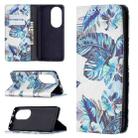 For Huawei P50 Pro Colored Drawing Pattern Invisible Magnetic Horizontal Flip PU Leather Case with Holder & Card Slots & Wallet(Blue Leaves) - 1