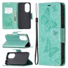 For Huawei P50 Two Butterflies Embossing Pattern Horizontal Flip Leather Case with Holder & Card Slot & Wallet & Lanyard(Green) - 1