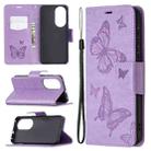 For Huawei P50 Two Butterflies Embossing Pattern Horizontal Flip Leather Case with Holder & Card Slot & Wallet & Lanyard(Purple) - 1