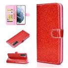For Samsung Galaxy S21 5G Glitter Powder Horizontal Flip Leather Case with Card Slots & Holder & Photo Frame & Wallet(Red) - 1