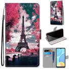 For OPPO A15 / A15s Coloured Drawing Cross Texture Horizontal Flip PU Leather Case with Holder & Card Slots & Wallet & Lanyard(Pink Flower Tower Bridge) - 1