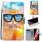 For OPPO Realme 5 / 5s / 5i / C3 / C3i / 6i / Narzo10 / 10A / 20A Coloured Drawing Cross Texture Horizontal Flip PU Leather Case with Holder & Card Slots & Wallet & Lanyard(Cat Drinking Soda) - 1