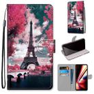 For OPPO Realme 5 / 5s / 5i / C3 / C3i / 6i / Narzo10 / 10A / 20A Coloured Drawing Cross Texture Horizontal Flip PU Leather Case with Holder & Card Slots & Wallet & Lanyard(Pink Flower Tower Bridge) - 1