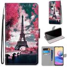 For Xiaomi Redmi Note 10 5G Coloured Drawing Cross Texture Horizontal Flip PU Leather Case with Holder & Card Slots & Wallet & Lanyard(Pink Flower Tower Bridge) - 1