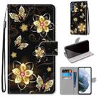 For Samsung Galaxy S21 FE Coloured Drawing Cross Texture Horizontal Flip PU Leather Case with Holder & Card Slots & Wallet & Lanyard(Gold Diamond Butterfly) - 1