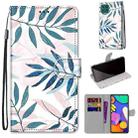 For Samsung Galaxy F62 / M62 Coloured Drawing Cross Texture Horizontal Flip PU Leather Case with Holder & Card Slots & Wallet & Lanyard(Pink Green Leaf) - 1