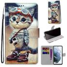 For Samsung Galaxy S21 FE Coloured Drawing Cross Texture Horizontal Flip PU Leather Case with Holder & Card Slots & Wallet & Lanyard(Leather Shoes Cat) - 1